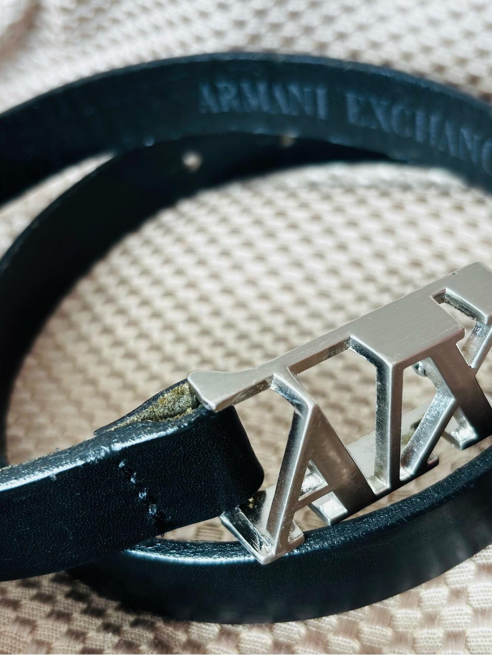 Armani Exchange Black Leather Belt with Silver AX Buckle